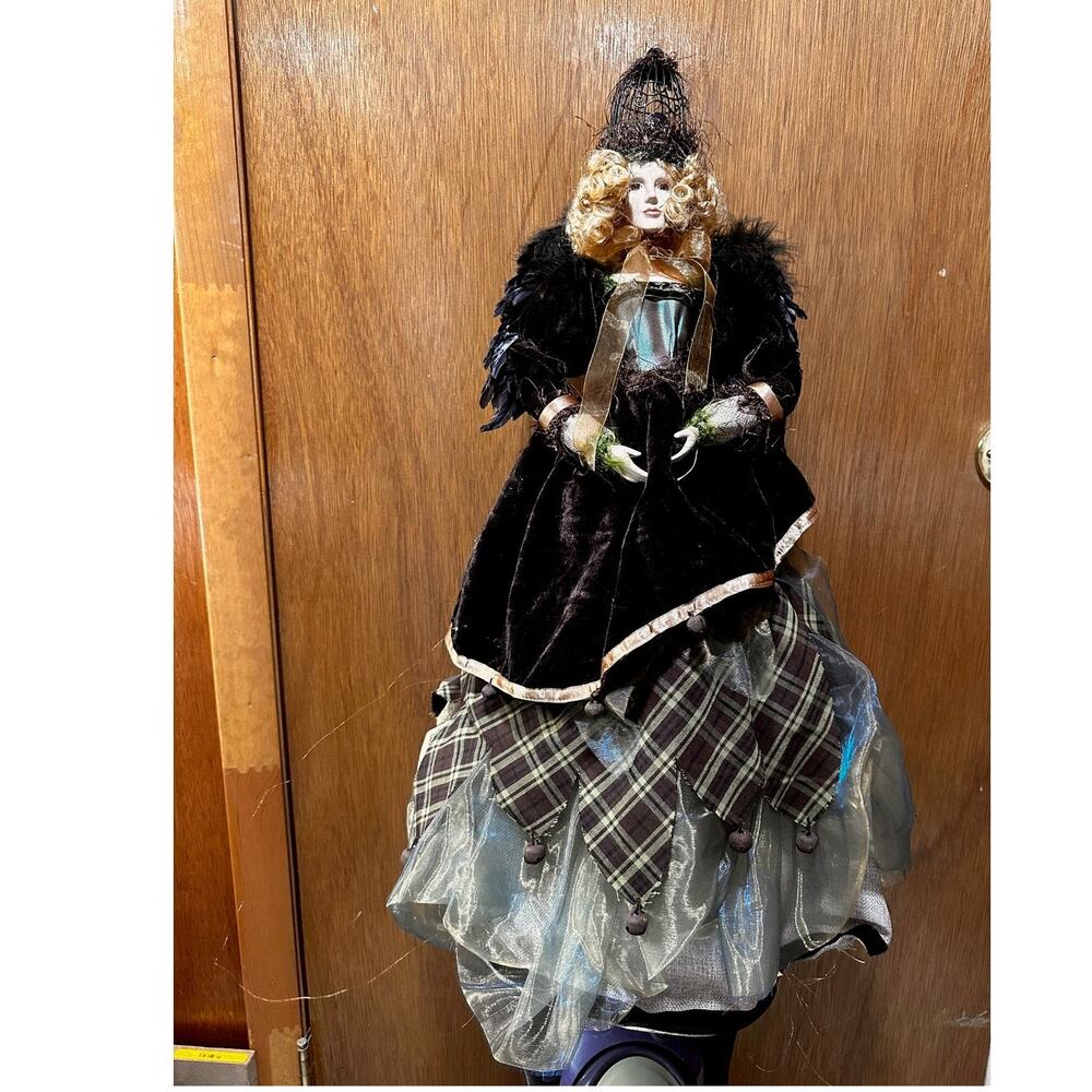 Unique Porcelain Art Doll with Bird Cage Hat and Black Feather Wings